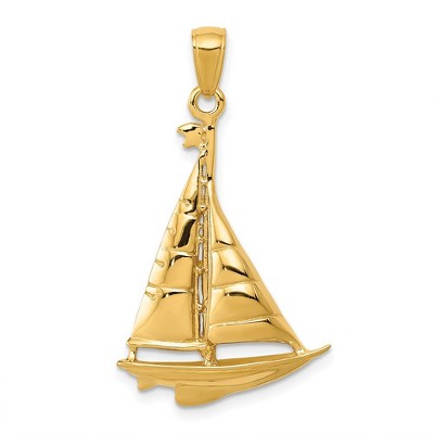 Black Bow Jewelry 14k Yellow Gold Polished Sailboat Pendant, 20 x 33mm