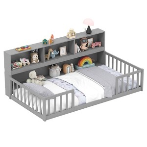 Safstar Twin Size Montessori Floor Bed w/ Bookcase Storage Shelves & Safety Fence Rails - 1 of 1