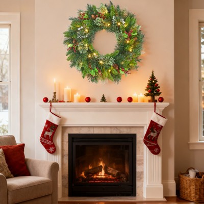 24 Inch Pre-Lit Christmas Wreath with Lights, Timer - Battery Operated - Christmas Decorations Front Door Lighted Wreath for Indoor Wall Window