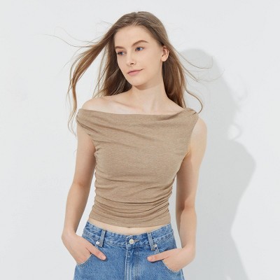 Women's Ribbed Asymmetrical Drapey Top - Wild Fable™ Oatmeal