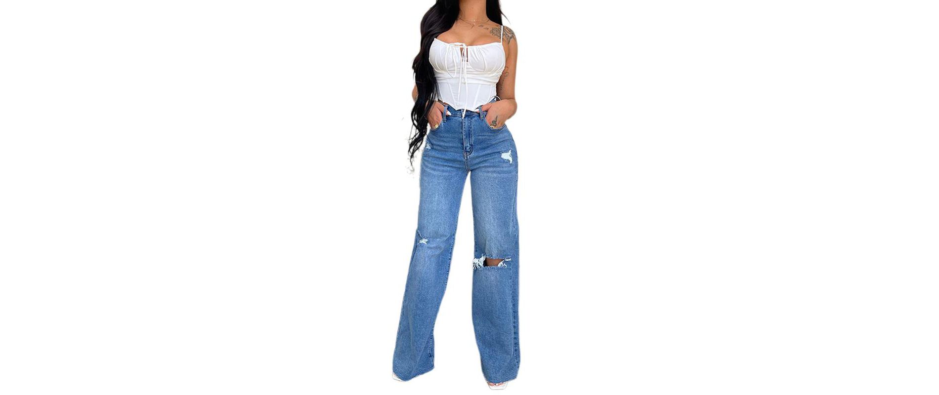 Coolmee Women's High Waisted Straight Ankle Wide Leg Ripped Jeans Frayed Hem Loose Jeans Denim Pants