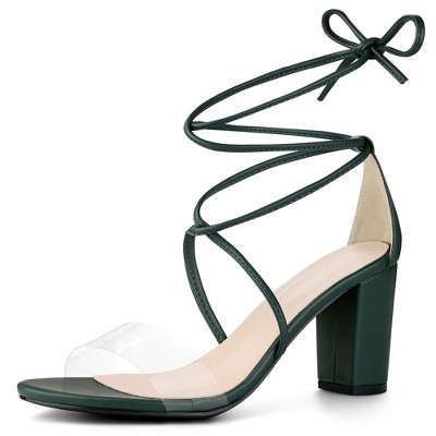 Perphy Women's Lace Up Strappy Clear Strap Chunky Heel Sandals