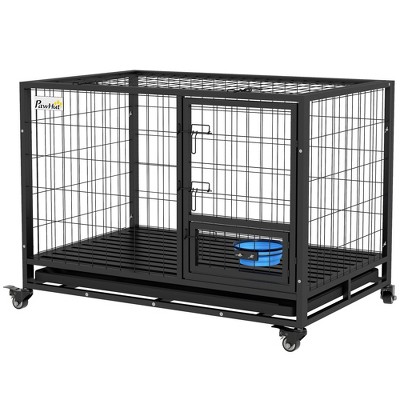 Gulches 43" Heavy Duty Dog Crate,Bowl Holder,Strong Steel Dog Crate with Wheels, Detachable Door, Openable Top for Large and Extra Large Dogs, Black