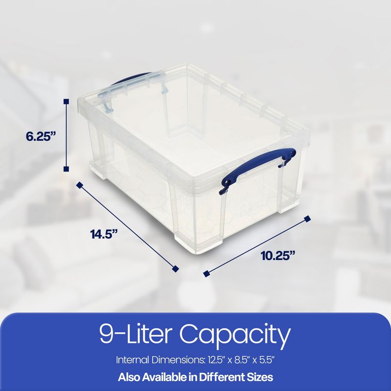 Really Useful Box 9 Liters Transparent Storage Container with Snap Lid and Clip Lock Handle for Lidded Home and Item Storage Bin, 4 Pack, 3 of 7