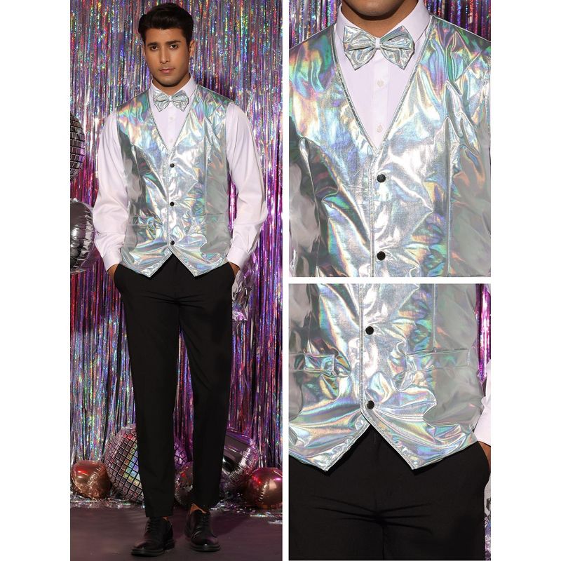 Lars Amadeus Men's Slim Fit Disco Party Shiny Metallic Suit Vest with Bowtie, 4 of 6