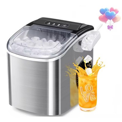 R.W.FLAME Stainless Steel Ice Maker Countertop, Bullet ice, 26.5Lbs/24H, 9 Pcs/6 Mins, with self-cleaning, ice basket, and scoop, with Handle