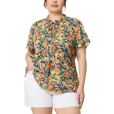 Agnes Orinda Women's Plus Size Ruffle Pleated Tie Short Sleeve Floral Casual Blouses