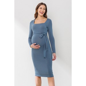 Hello Miz Women's Square Neck Tie Waist Long Sleeve Maternity Dress - 1 of 4
