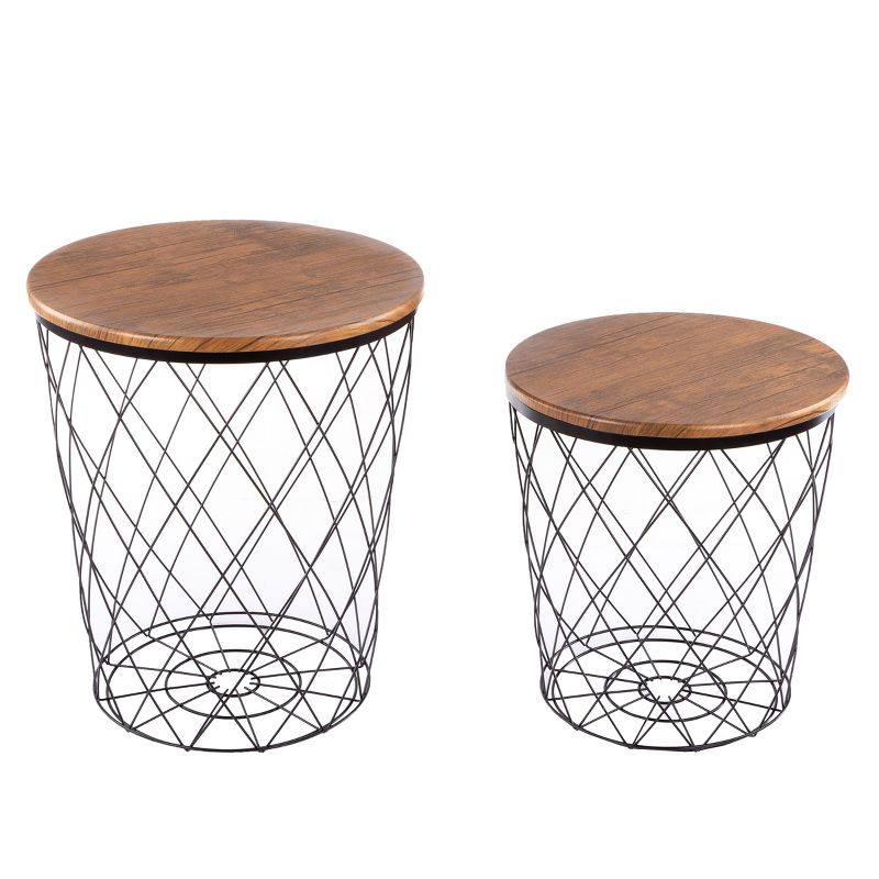 End Table with Storage – Set of 2 Round Nesting Tables with Diamond Pattern Wire Basket Wood Tops, Industrial Farmhouse Side Table by Lavish Home, 5 of 10