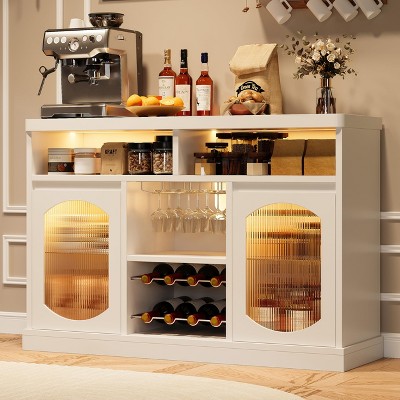 Wine Bar Cabinet with LED Light, 47" Liquor Storage Cabinet with Wine Rack and Glass Hanger