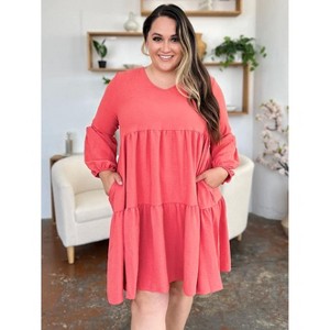 I am a Fashion junky Double Take Full Size V-Neck Balloon Sleeve Tiered Dress with Pockets - 1 of 4