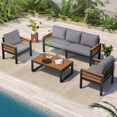 ELJGET 4-Piece Outdoor Patio Conversation Set, Modern Iron Patio Furniture Set for 5 People with Solid Wood Coffee Table for Garden Backyard, Grey