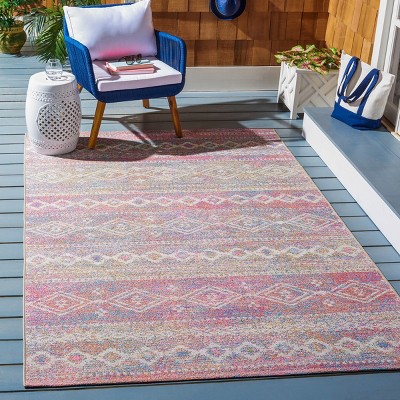 Ivory and Pink Synthetic Flat Woven Outdoor Rug