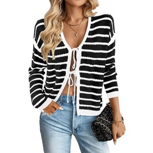 Coolmee Women's Tie Front Cardigan Long Sleeve Rib Knit Shrug Sweaters Crop Tops - 1 of 4