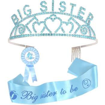MEANT2TOBE Baby Shower Decoration for Big sister To Be, Metal Blue Tiara + blue Sash + Premium Metal big sister blue & white pin