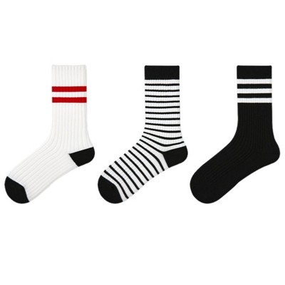 Anna-Kaci Women's 3 Pack Crew Socks Set Ribbed Knit Athletic Stripe and Classic Pattern Casual Everyday Wear