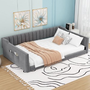 CAVINAS Twin/Full Size Pine Wood Velvet Upholstered Daybed Bed Frame with Side Storage pocket,No Box Spring Needed - 1 of 4