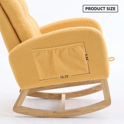 Gulches Gray High-Back Rocking Chair, Foam & Spring Upholstered Lounge Chair with Side Pocket, Rubber Wood Legs for Bedroom & Living Room