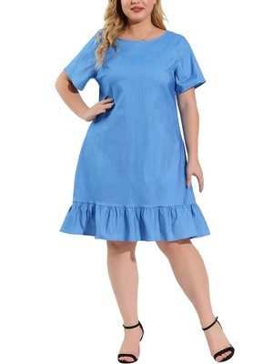 Agnes Orinda Women's Plus Size Cross Back Ruffle Hem Formal Chambray T-Shirt Dresses