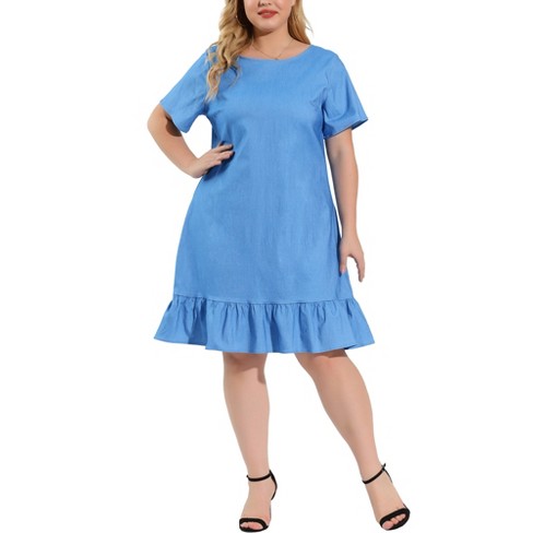 Agnes Orinda Women's Plus Size Cross Back Ruffle Hem Formal Chambray  Dresses Sky Blue 2X