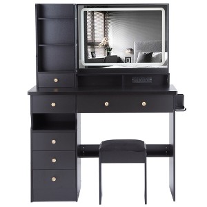 Gulches Luxury Black Vanity Tables Set with LED Mirror & Power Station - 1 of 4