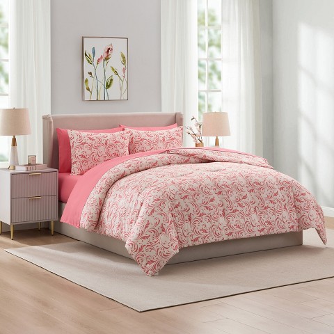Nestl Bed in a Bag, 7pc Comforter Set Biomorphic Design, Modern Comforter Sets with Sheets, Queen Bed in a Bag, Pink