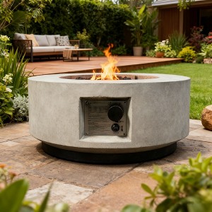 30" Propane Gas Fire Pit Table, 50000 BTU Round Concrete Fire Pit for Outside Patio Deck Garden Backyard- Light Gray - 1 of 4