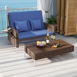Costway 2 PCS Wicker Loveseat & Storage Ottoman with  4-Level Backrest & Soft Cushion Brown/Navy - 1 of 4