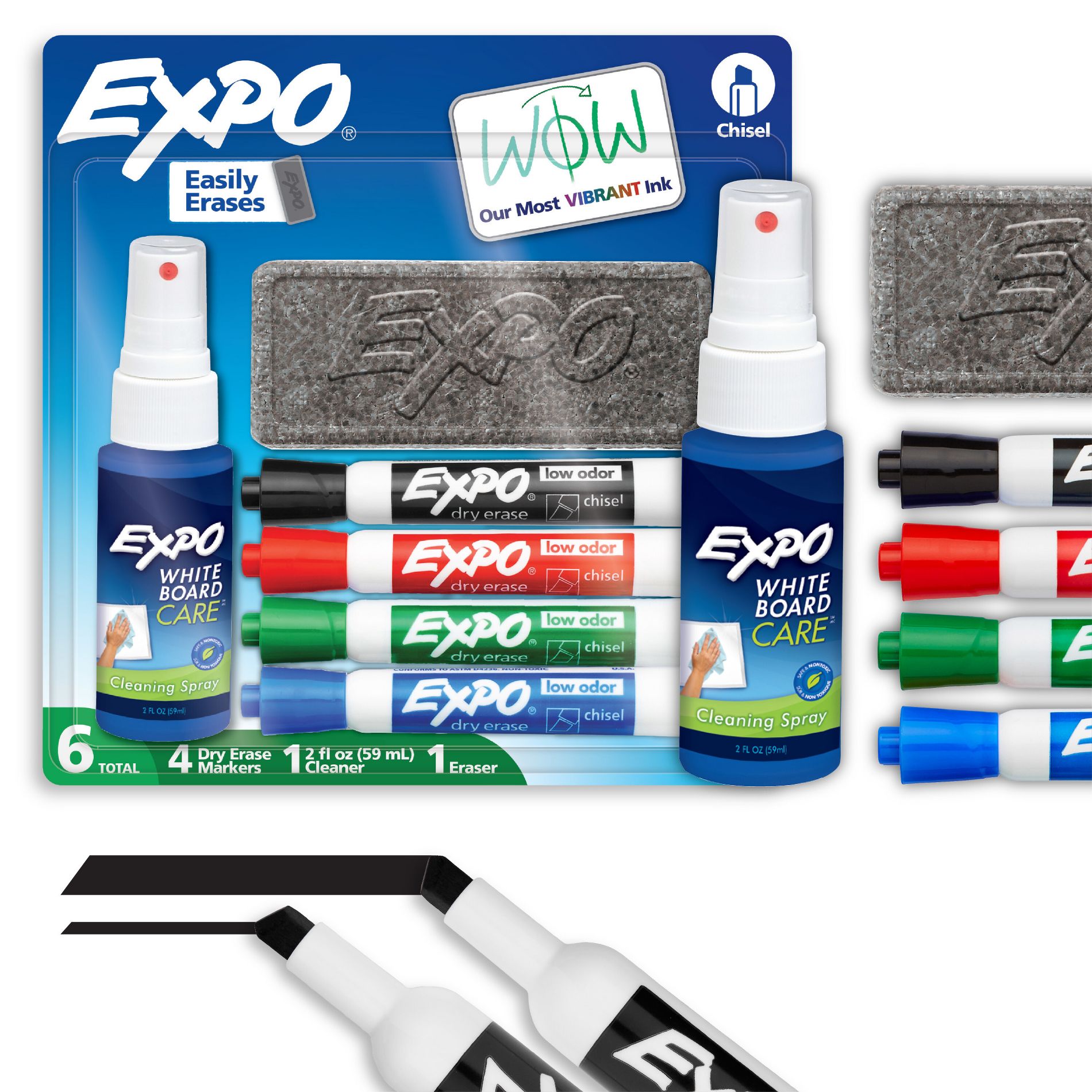 Expo 6pk Dry Erase Marker Starter Set with Eraser & Cleaner Multicolored: Bold & Fine Point, Low-Odor, Whiteboard Use