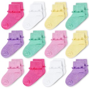 Cozyway Baby-Girls Socks 12 Pack Ruffle Ripple Edge Turn Cuff Ankle Socks Toddlers Infants, Colorful, 9-24 Months - 1 of 4
