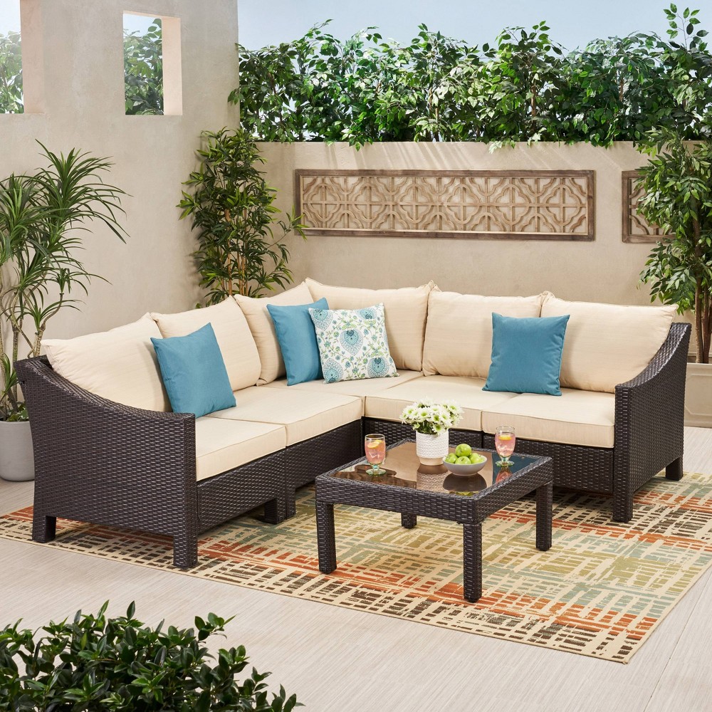 Antibes 6pc Wicker V-Shaped Sectional Sofa Set - Brown - Christopher Knight Home