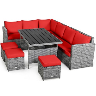Tangkula 7PCS Rattan Patio Sectional Sofa Set Conversation Set w/ Red Cushions