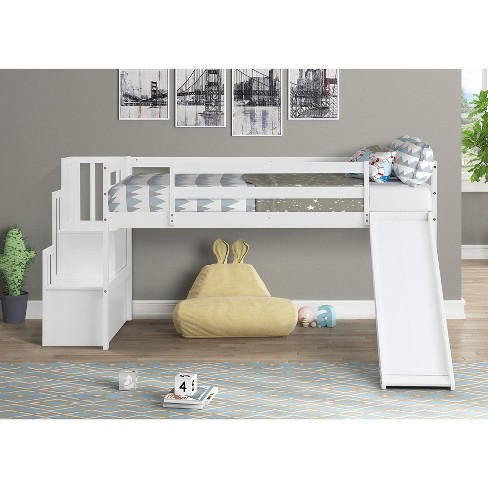 NicBex Twin Size Loft Bed Wooden Bed Frame with Slide, Storage Stairs and Full Length Guardrail, No Box Spring Required, Space saving - image 1 of 4