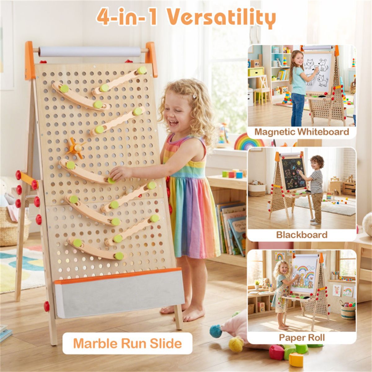 4-in-1 Kids Art Easel with Marble Run, Adjustable Height Double-Sided Drawing Easel with Paper Roll and Storage Tray for Kids 3+ - thumbnail 5