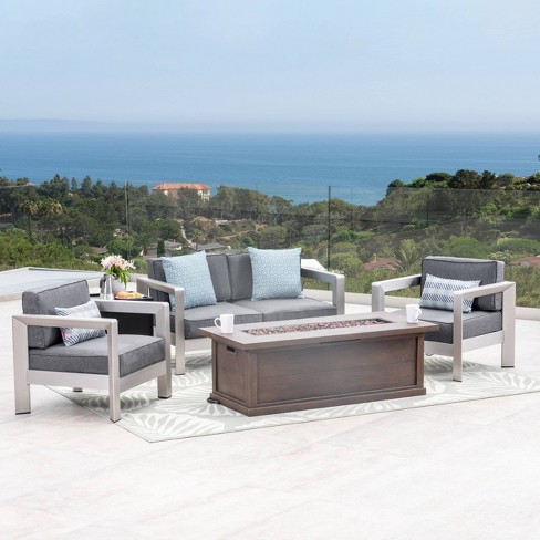 Montauk 5pc Aluminum Chat Set With Fire Pit Silver Gray