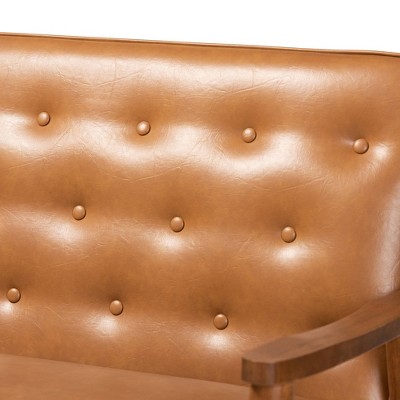 Mid-Century Walnut Brown Tufted Faux Leather Sofa