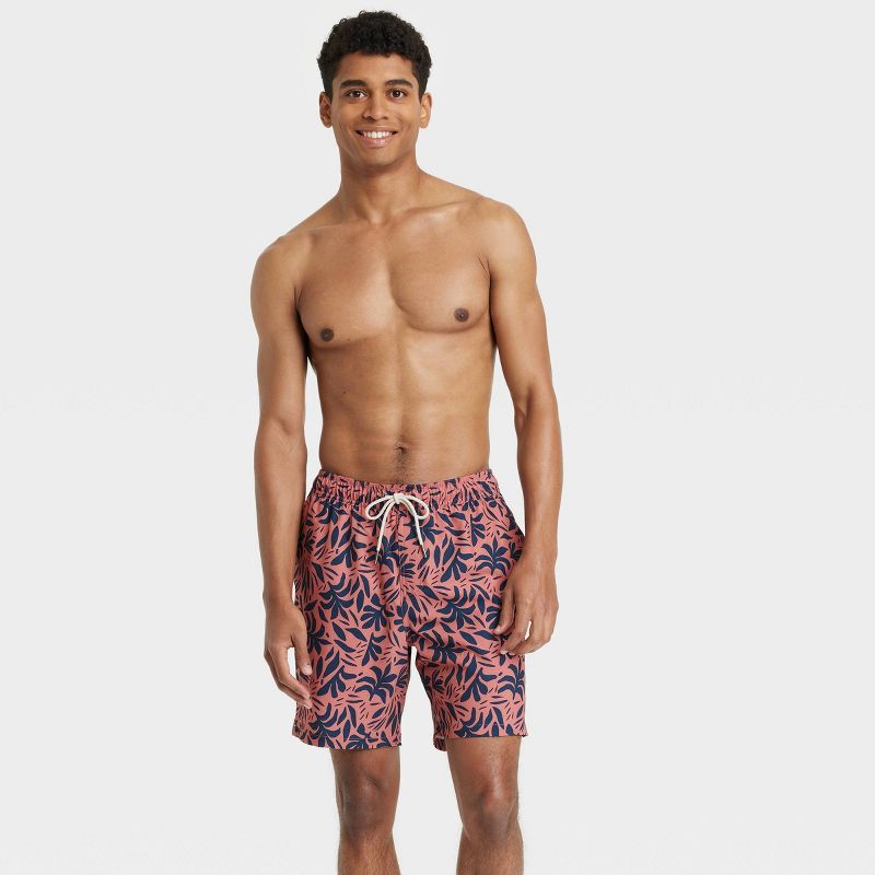 Men's 7" Leaf Print Swim Shorts with Boxer Brief Liner - Goodfellow & Co™ Navy Blue, 4 of 6