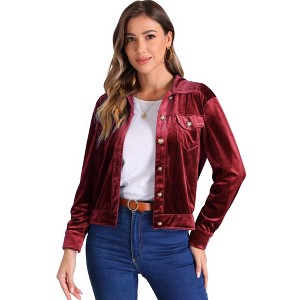 Allegra K Women's Velvet Button Up Long Sleeve Crop Jacket - 1 of 4