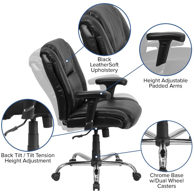 Flash Furniture HERCULES Series Big & Tall 400 lb. Rated Black LeatherSoft Ergonomic Task Office Chair with Chrome Base and Adjustable Arms, 4 of 14