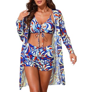 INSPIRE CHIC Women's Strappy Floral Printed Ruched Long Sleeve Robe Cover Up BoyShorts Bottoms Swimwear Bikini Sets 3 Pieces - 1 of 4