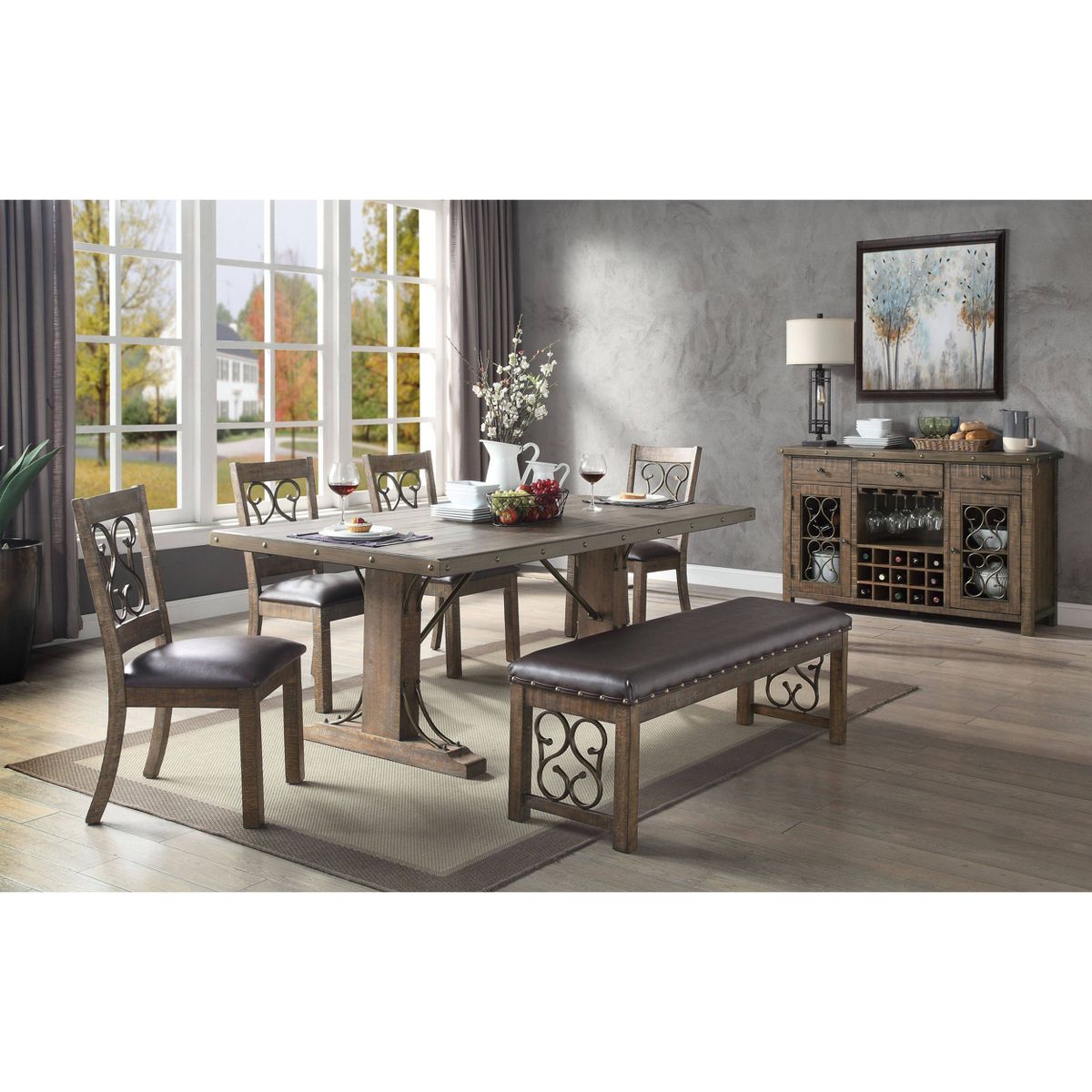 Acme Furniture 56" Raphaela Ottomans and Benches Black Synthetic Leather and Weathered Cherry Finish: Nailhead Trim, Metal Legs