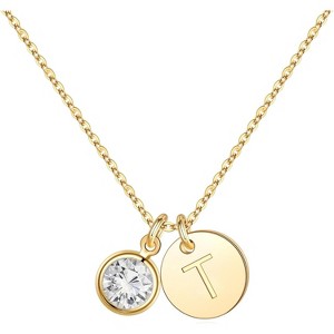 Personalized Birthstone Necklace 14K Gold Plated Initial Disc Jewelry Gift - 1 of 4
