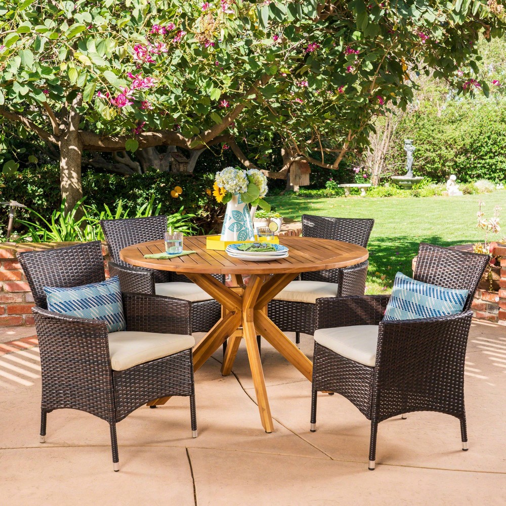 Photos - Garden Furniture Cedros 5pc Acacia Wood and Wicker Dining Set - Brown/Beige - Christopher K