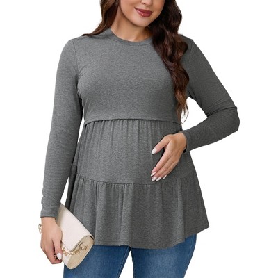 INSPIRE CHIC Women's Nursing Top Ruffle Pleated Long Sleeve Tunic Rayon Postpartum Breastfeeding Shirt Pregnancy Clothes
