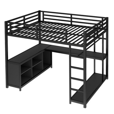 Bellemave Queen Metal Loft Bed with L-Shaped Desk, Wardrobe, Storage Shelves & Cubes, Space-Saving Loft Bed for Teens & Adults, Black