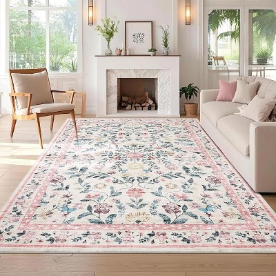 homfan Washable Runner Rug for Hallway Floral Print Kitchen Runner with Non-Slip Backing, Non-Shedding Low Pile Accent Rug