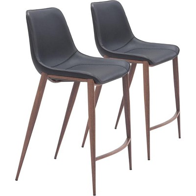 Zuo Modern Magnus Counter Stool Set of 2, 39.8"H, Black Faux Leather Seat and Walnut Style Frame