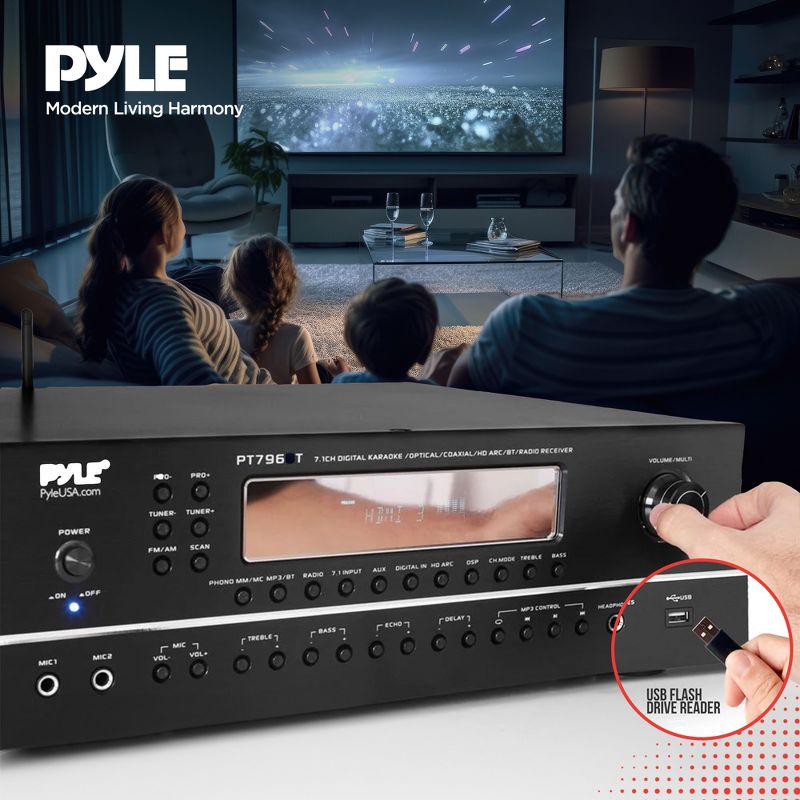 Pyle 7.1-Ch Hi-Fi Bluetooth Amplifier Home Audio - 2000 Watt AV Receiver Speaker Subwoofer Surround Sound Receiver with Radio, USB, RCA, HDMI, MIC IN, 5 of 7