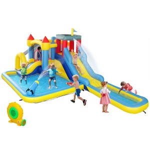 Qaba 6 in 1 Inflatable Water Slide Park, Kids Bounce House with Splash Pools, 2 Slides, Trampoline, Climbing Wall, Cannon, Basketball Hoop - 1 of 4
