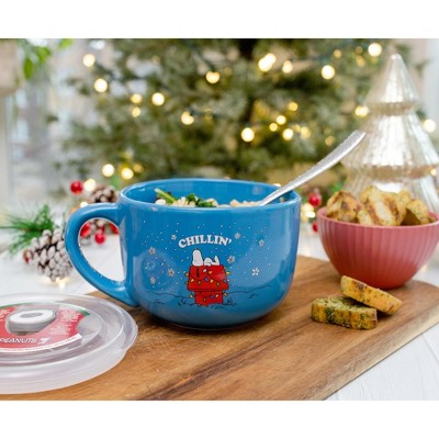 Blue Ceramic Snoopy Chillin' Christmas Soup Mug with Vented Lid